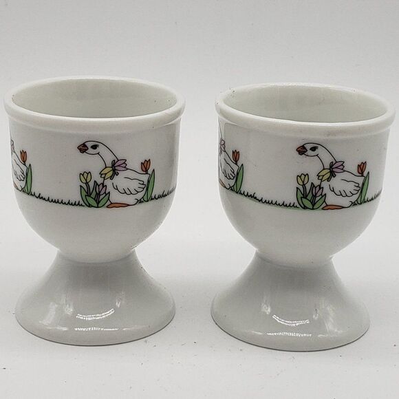 White Vintage Set of 2 Porcelain Geese & Tulips Footed Egg Cup Holders - Picture 6 of 7